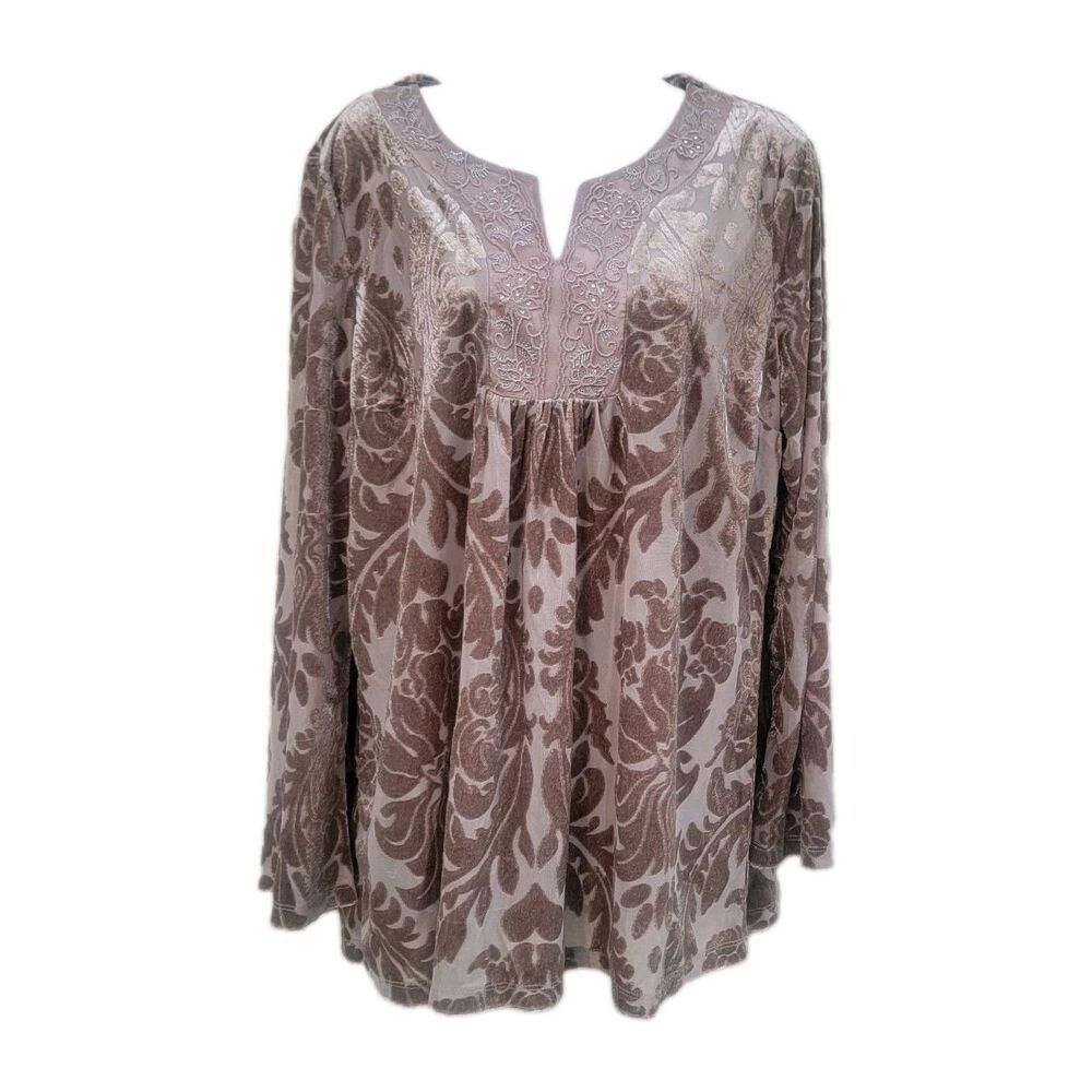Wmns Velvet Burnout Tunic Top Taupe Embroidered Split Neck Long Sleeve Sz L